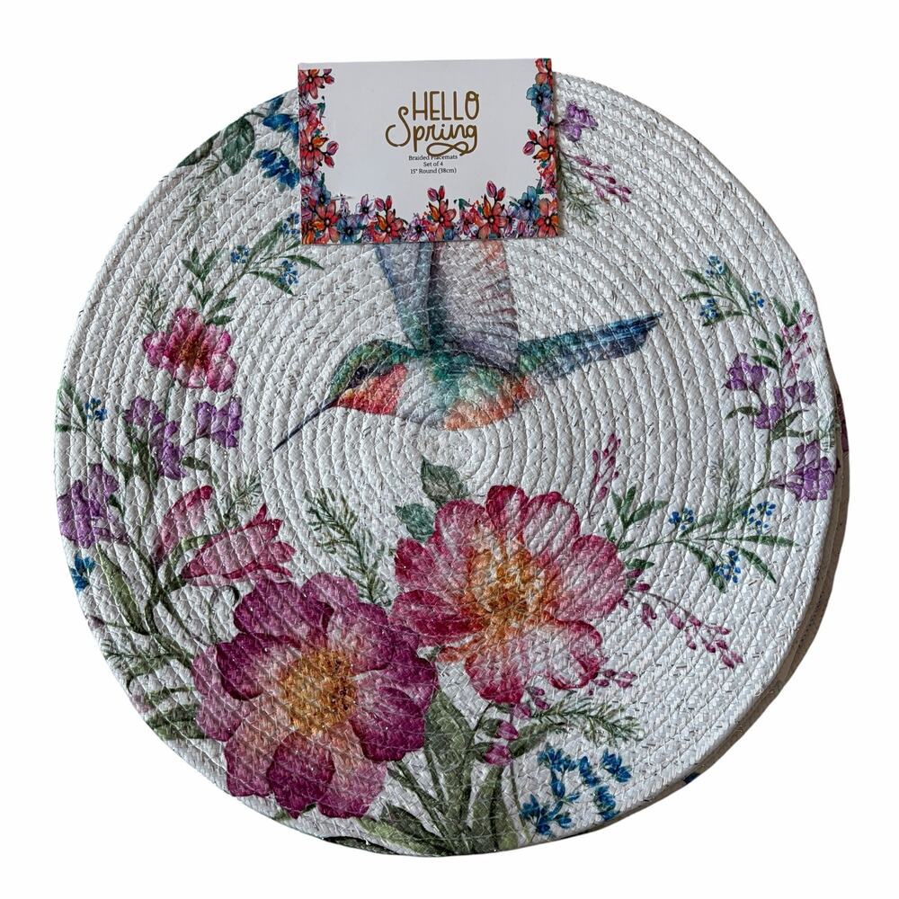 Hummingbird Floral Braided Placemats 15in Round Set of 4 Pop of Color New